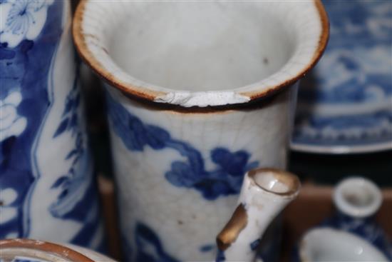 A large collection of 19th century Chinese blue and white vases, bowls, etc. and two famille rose pots